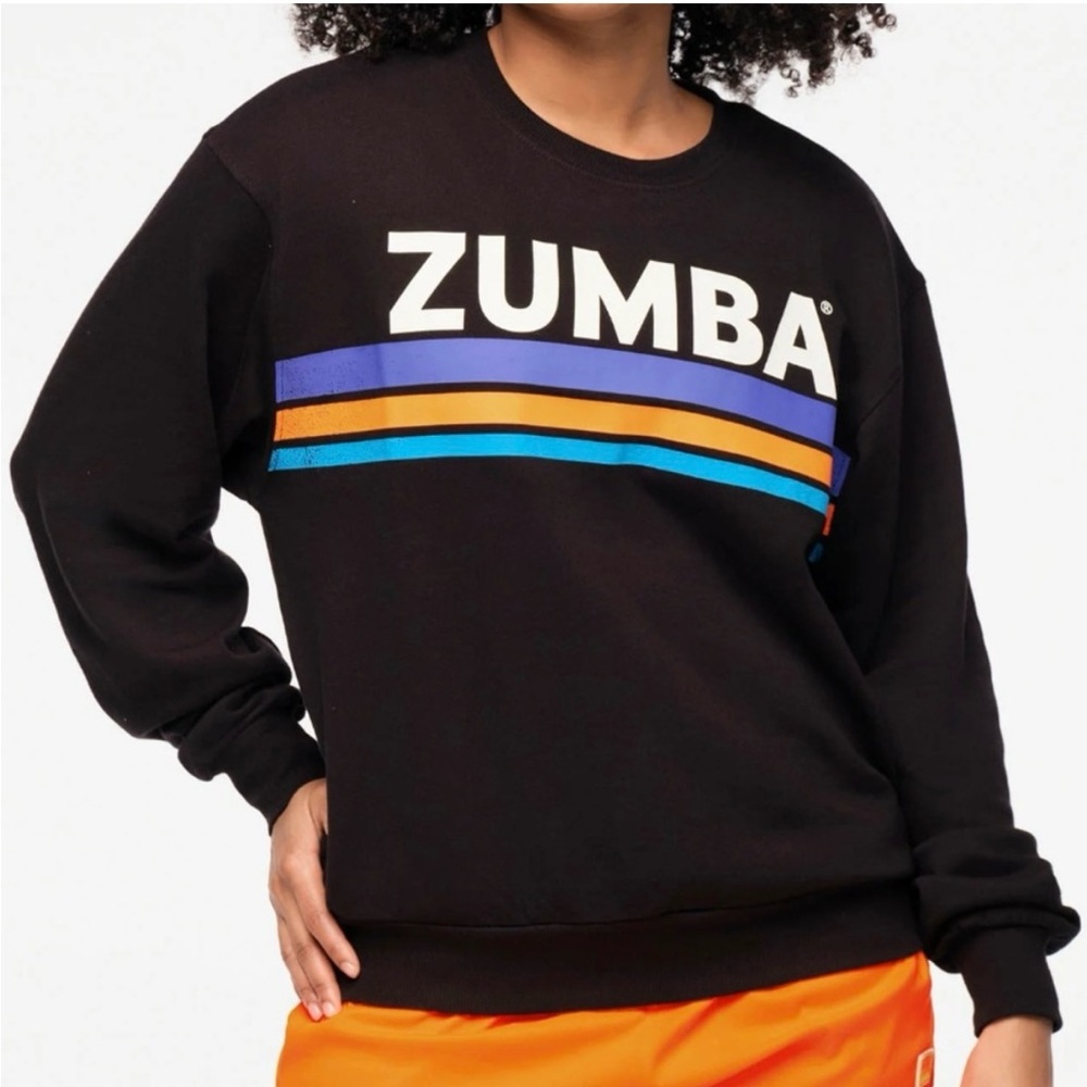 Zumba Fitness Black Crewneck with Blue and Orange Accents